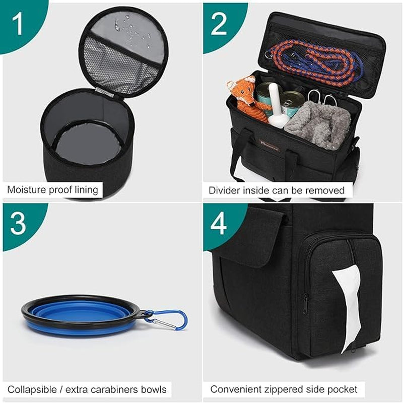 Dog Travel Bag by  - Dog Travel Kit for a Weekend Away Set Includes Pet Travel Bag Organizer for Accessories, 2 Collapsible Bowls, 2 Travel Food Container (Black)